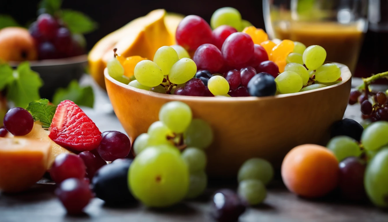 a high-angle shot of a fruit salad featuring a variety of grapes, alongside other colorful fruits, creating an appetizing and visually appealing composition