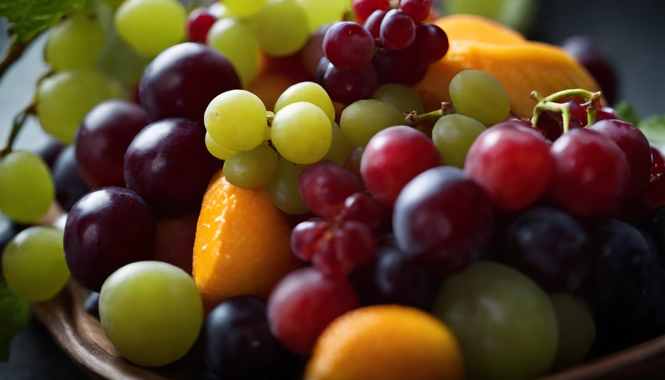 a high-angle shot of a fruit salad featuring a variety of grapes, alongside other colorful fruits, creating an appetizing and visually appealing composition