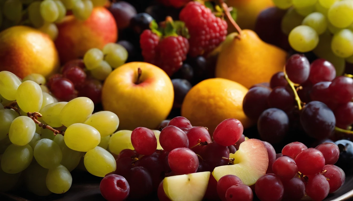a high-angle shot of a fruit salad featuring a variety of grapes, alongside other colorful fruits, creating an appetizing and visually appealing composition