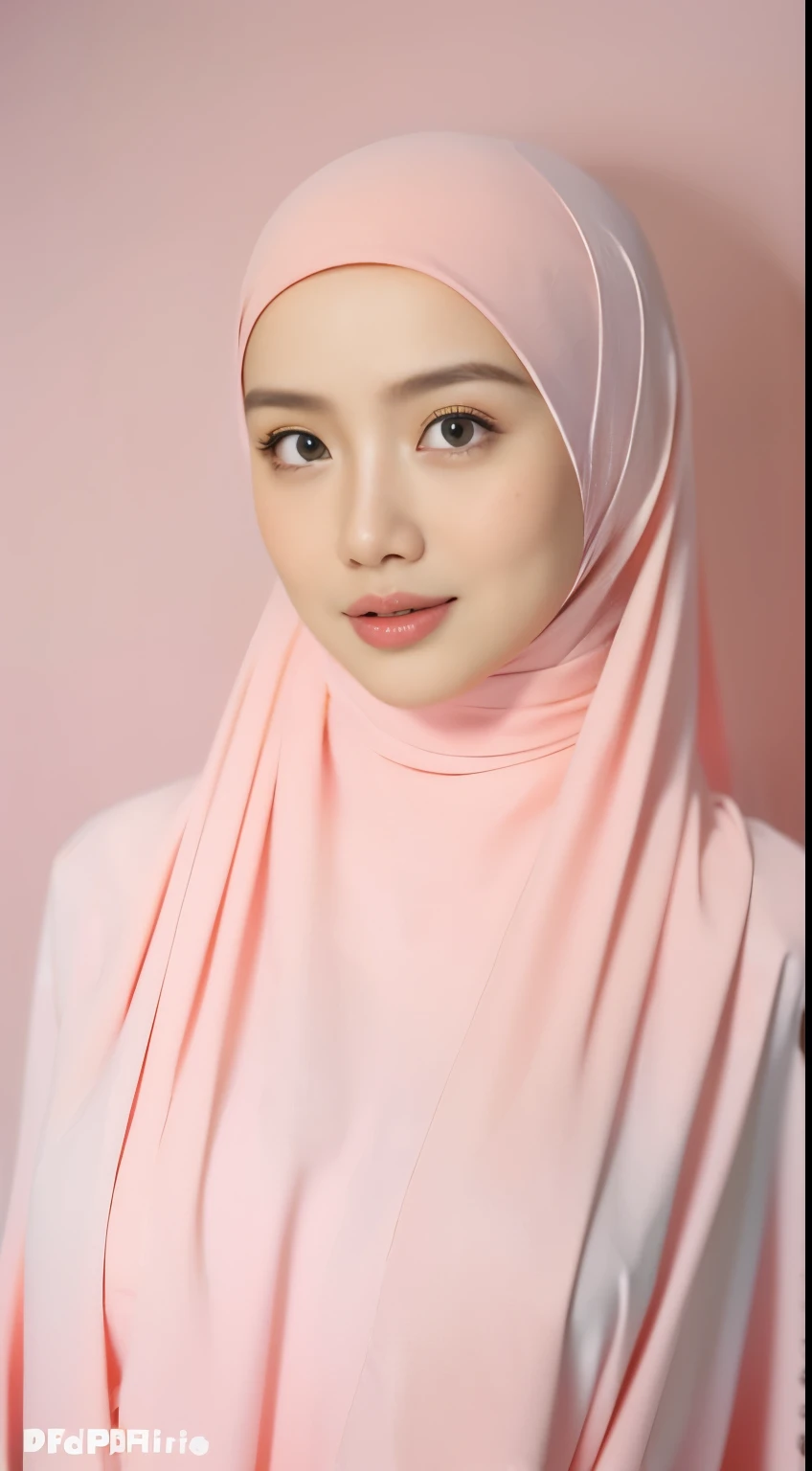 1 malay girl , modern plain hijab, shy, medium portrait shot , watery eyes , pink glowing particles, wear pastel pink lingerie,(( big breast)), pink light bokeh background, proportional body,