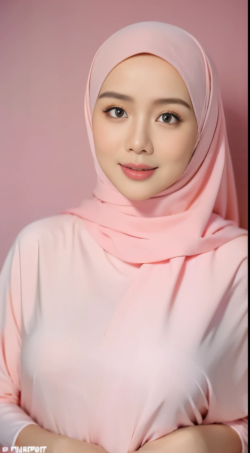 1 malay girl , modern plain hijab,  shy, medium portrait shot , watery  eyes , pink glowing particles, wear pastel pink lingerie,(( big breast)), pink light bokeh background, proportional body,