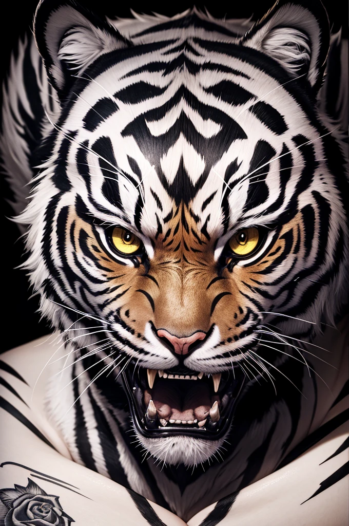 half cyborg half tiger face, black ink, tattoo, hyperrealism, hyper details ,ink