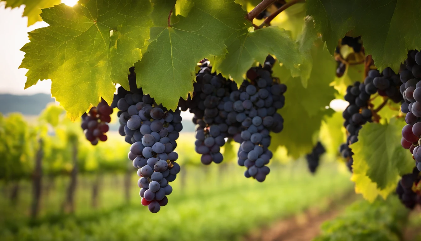 a high-resolution shot of a grapevine in a vineyard, with lush green leaves and clusters of grapes, evoking the beauty and abundance of nature’s harvest