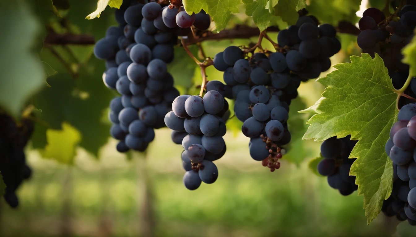 a high-resolution shot of a grapevine in a vineyard, with lush green leaves and clusters of grapes, evoking the beauty and abundance of nature’s harvest
