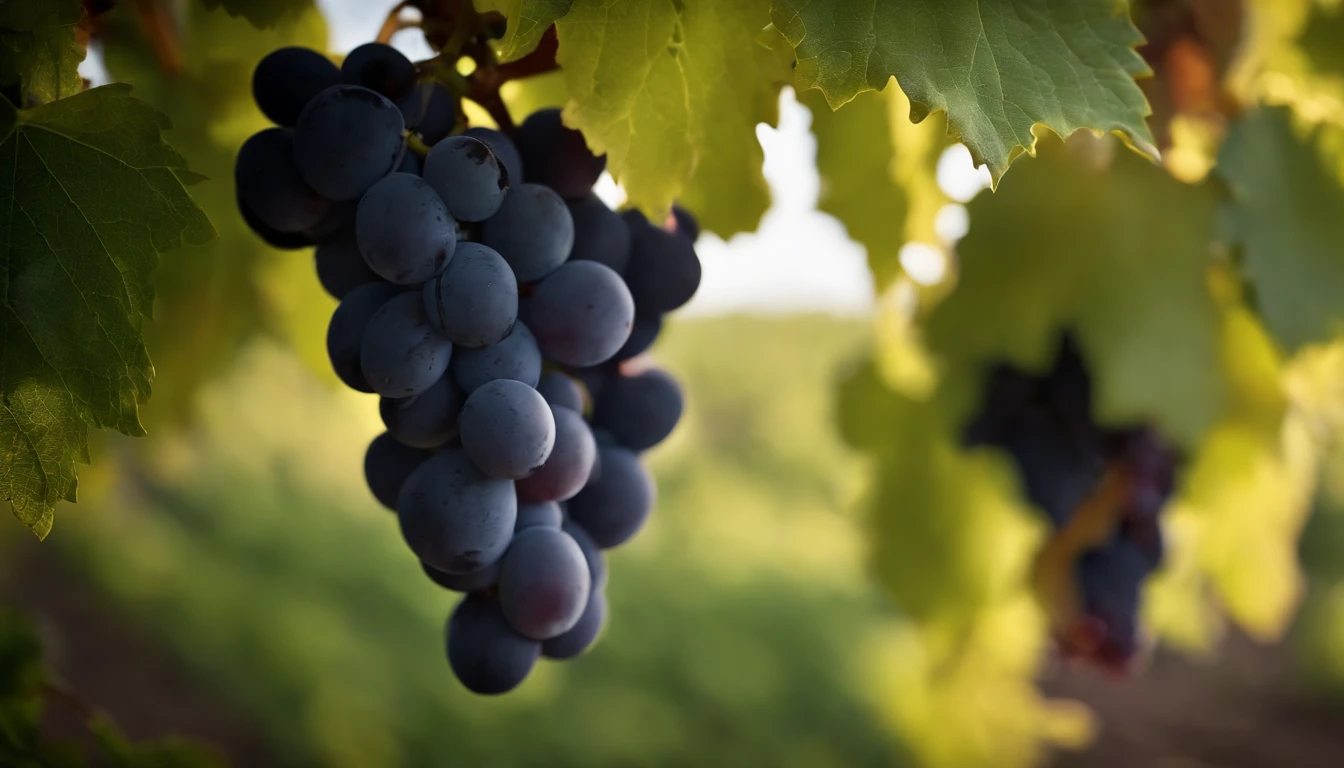 a high-resolution shot of a grapevine in a vineyard, with lush green leaves and clusters of grapes, evoking the beauty and abundance of nature’s harvest