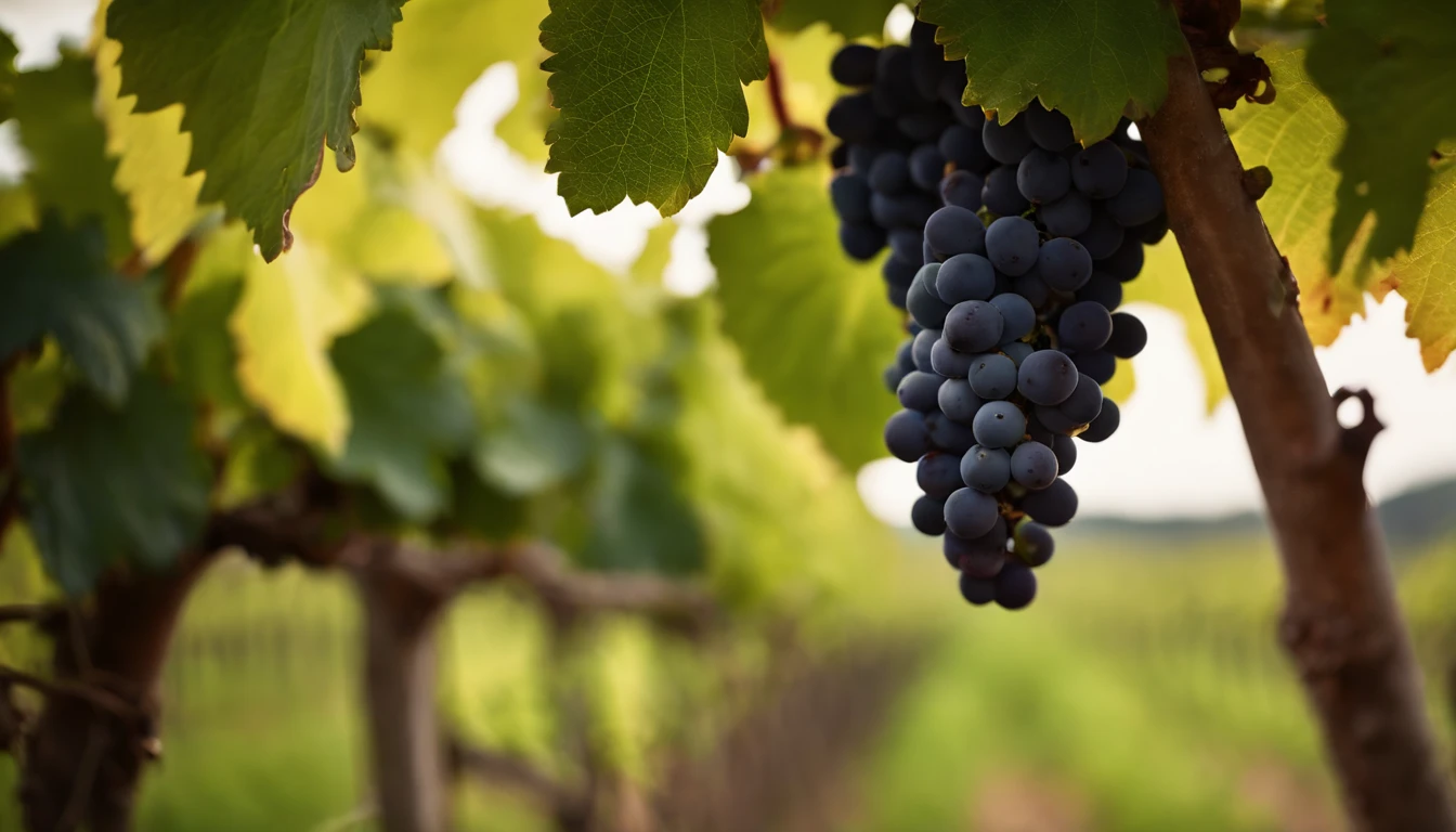 a high-resolution shot of a grapevine in a vineyard, with lush green leaves and clusters of grapes, evoking the beauty and abundance of nature’s harvest