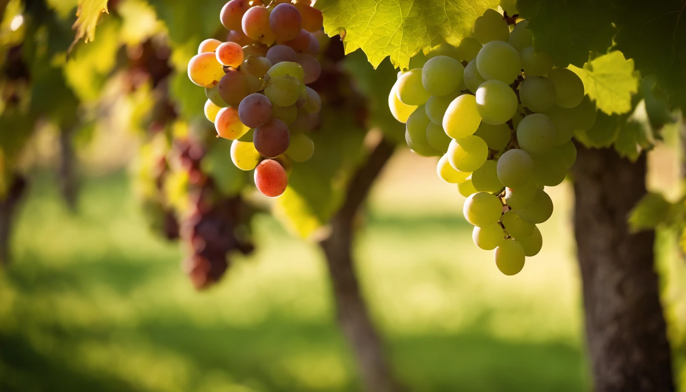 a high-resolution shot of a grapevine in a vineyard, with lush green leaves and clusters of grapes, evoking the beauty and abundance of nature’s harvest