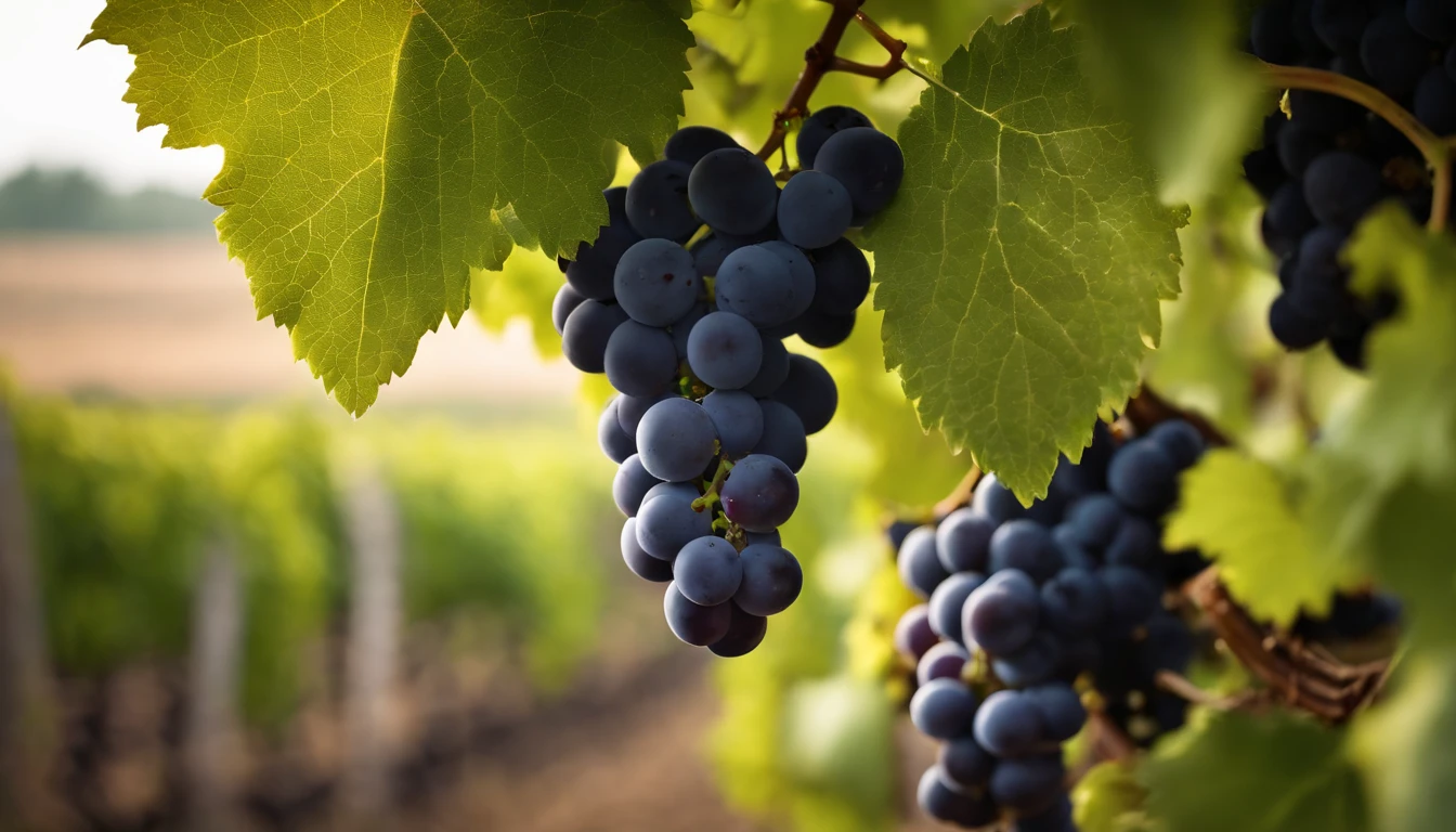 a high-resolution shot of a grapevine in a vineyard, with lush green leaves and clusters of grapes, evoking the beauty and abundance of nature’s harvest