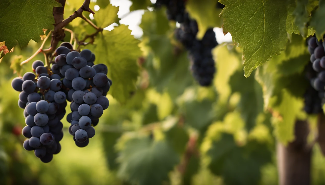 a high-resolution shot of a grapevine in a vineyard, with lush green leaves and clusters of grapes, evoking the beauty and abundance of nature’s harvest