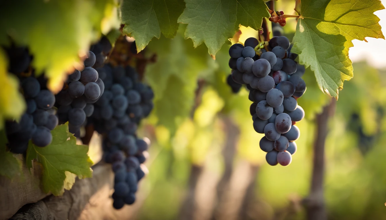 a high-resolution shot of a grapevine in a vineyard, with lush green leaves and clusters of grapes, evoking the beauty and abundance of nature’s harvest