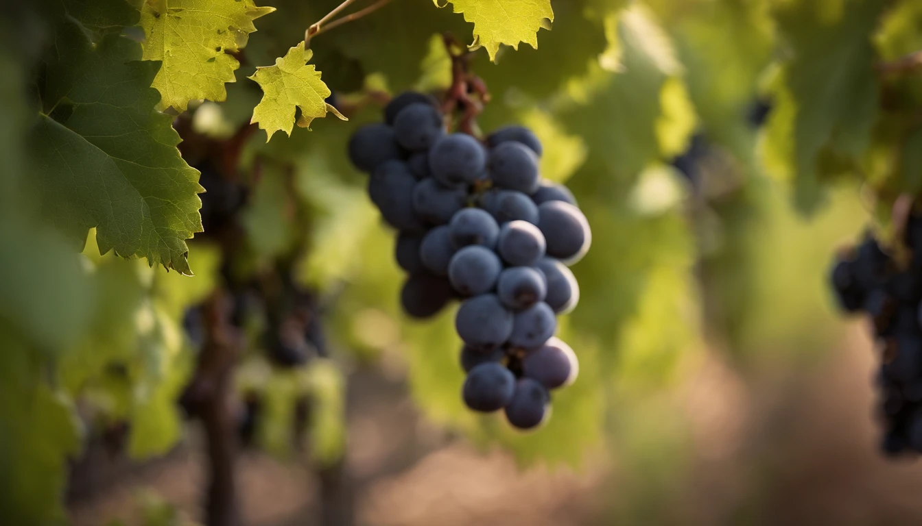 a high-resolution shot of a grapevine in a vineyard, with lush green leaves and clusters of grapes, evoking the beauty and abundance of nature’s harvest