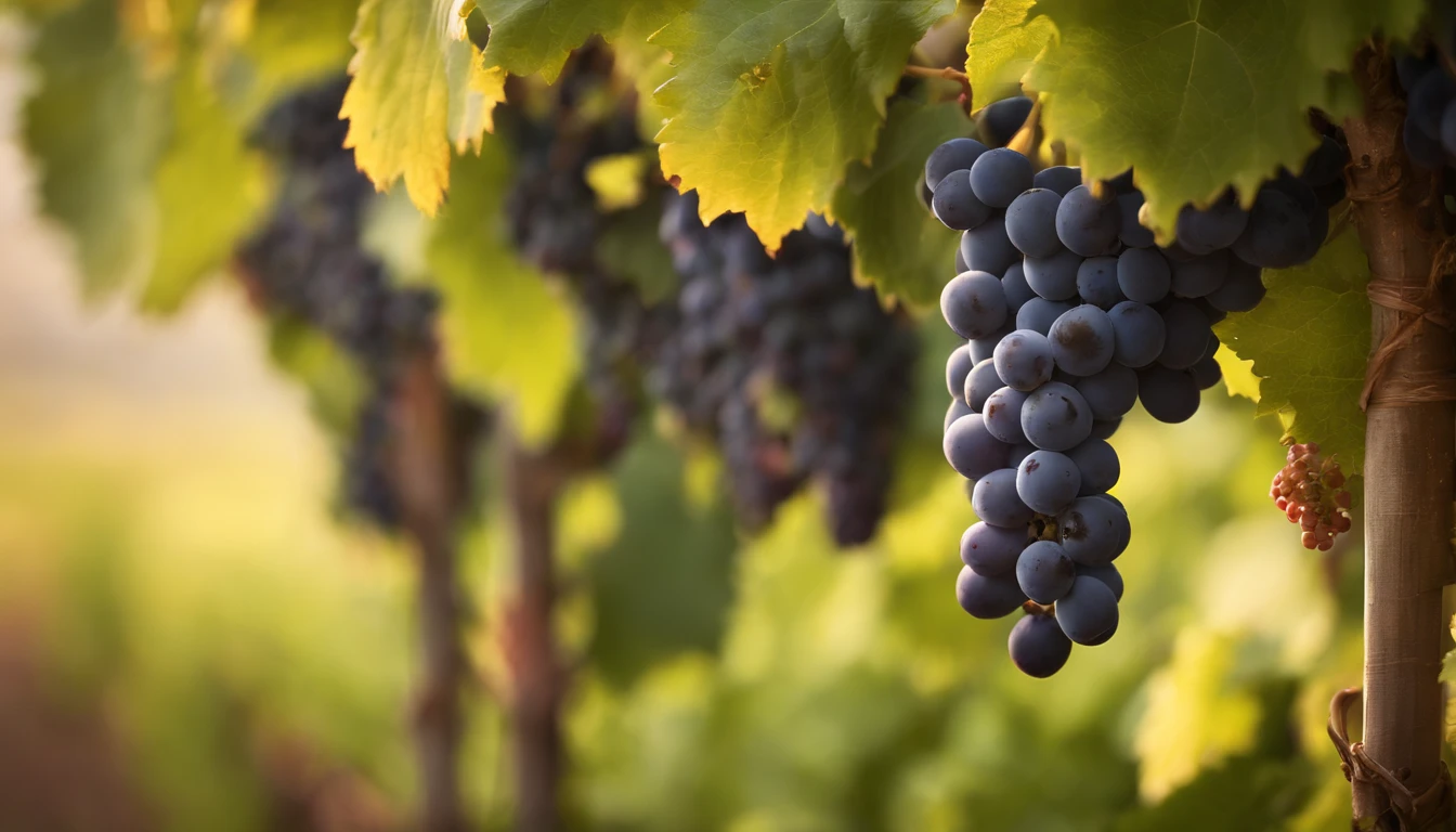 a high-resolution shot of a grapevine in a vineyard, with lush green leaves and clusters of grapes, evoking the beauty and abundance of nature’s harvest