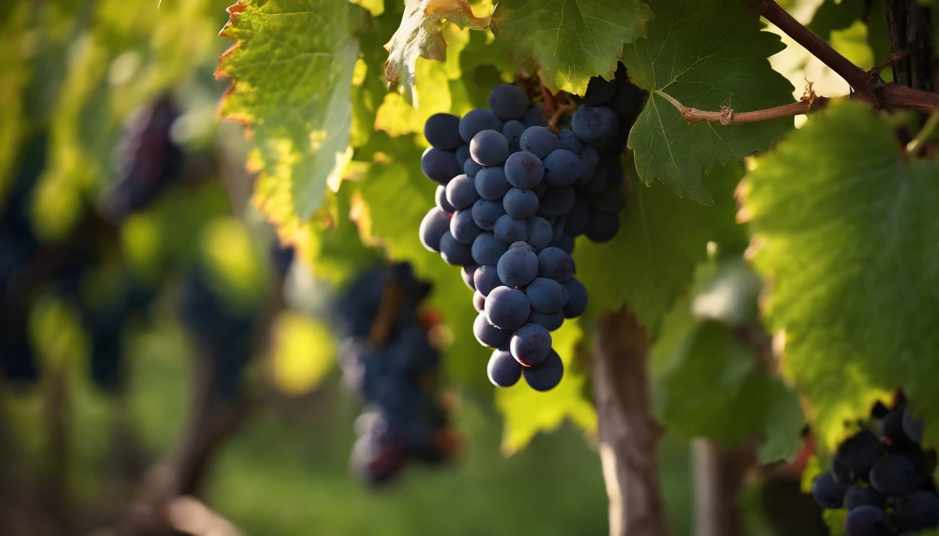 a high-resolution shot of a grapevine in a vineyard, with lush green leaves and clusters of grapes, evoking the beauty and abundance of nature’s harvest