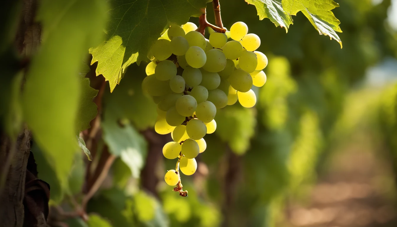 a high-resolution shot of a grapevine in a vineyard, with lush green leaves and clusters of grapes, evoking the beauty and abundance of nature’s harvest