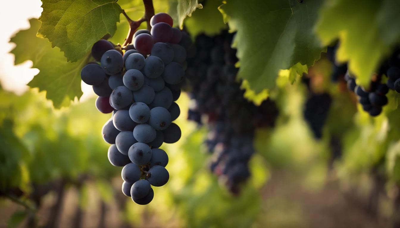 a high-resolution shot of a grapevine in a vineyard, with lush green leaves and clusters of grapes, evoking the beauty and abundance of nature’s harvest