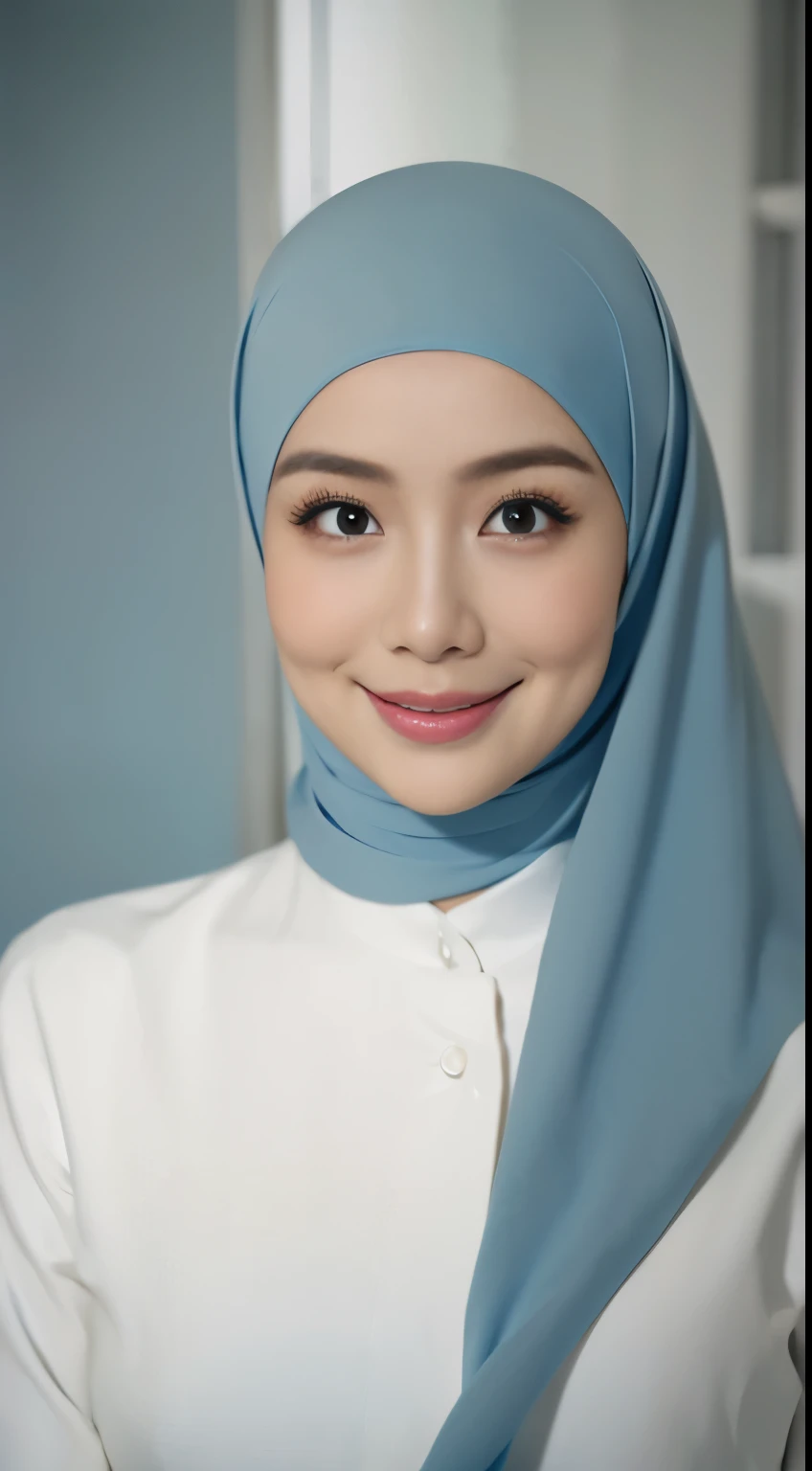 (64k, RAW photo, best quality, masterpiecel1.4), (realistic, photo-realistic:1.37), extremely detailed beautiful japanese muslim woman, extra detailed ray light, (lightinedium-breasted:1.2), ((erectnipples)), (((unbutton blue blouses revealing a flesh-colored skin))). overexposed breast, overexposed navel, overexposed erected , overexposed slim hips, ((detailed breast cleavage:1.1)), ((plump body)), (((petite))) ((photo of a japanese woman in blue hijab)), ((muslim woman in short blue hijab)), no hair visible, ((upper body shot)), thick eyebrows, ((looking at viewer)), ((in the bedroom)), [[lay on the bed]], head on the pillow, hands behind the head, spread armpit, ((smiling face)), happy face, creative upscale, shot from above