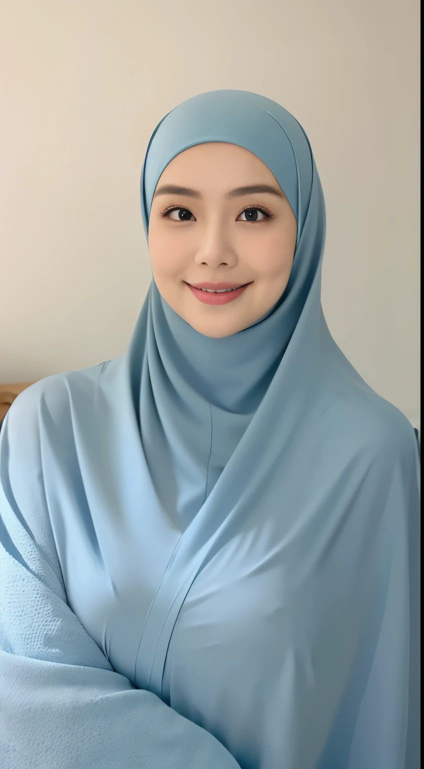 (64k, RAW photo, best quality, masterpiecel1.4), (realistic, photo-realistic:1.37), extremely detailed beautiful japanese muslim woman, extra detailed ray light, (lightinedium-breasted:1.2), ((erectnipples)), (((unbutton blue blouses revealing a flesh-colored skin))). overexposed breast, overexposed navel, overexposed erected , overexposed slim hips, ((detailed breast cleavage:1.1)), ((plump body)), (((petite))) ((photo of a japanese woman in blue hijab)), ((muslim woman in short blue hijab)), no hair visible, ((upper body shot)), thick eyebrows, ((looking at viewer)), ((in the bedroom)), [[lay on the bed]], head on the pillow, hands behind the head, spread armpit, ((smiling face)), happy face, creative upscale, shot from above