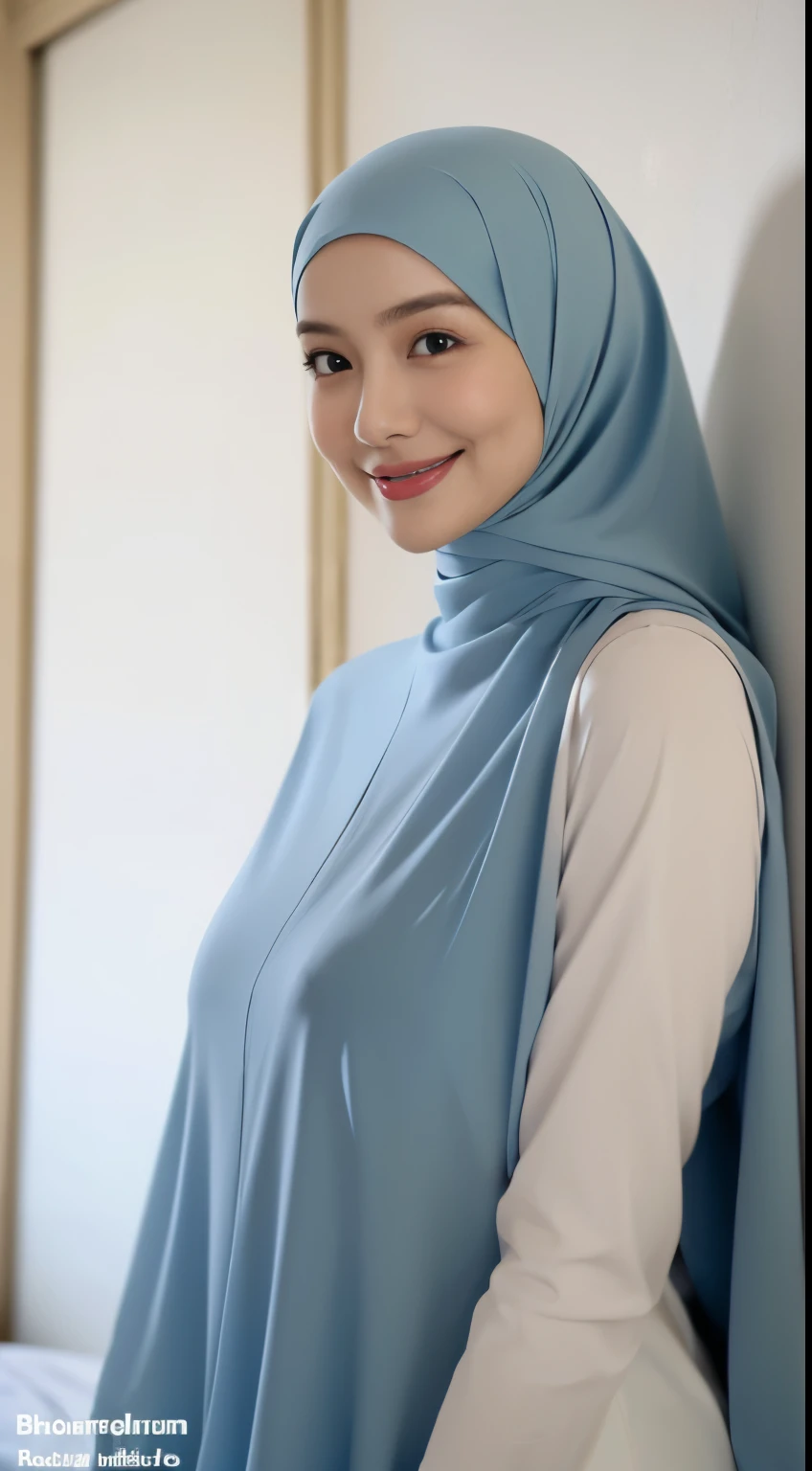 (64k, RAW photo, best quality, masterpiecel1.4), (realistic, photo-realistic:1.37), extremely detailed beautiful japanese muslim woman, extra detailed ray light, (lightinedium-breasted:1.2), ((erectnipples)), (((unbutton blue blouses revealing a flesh-colored skin))). overexposed breast, overexposed navel, overexposed erected , overexposed slim hips, ((detailed breast cleavage:1.1)), ((plump body)), (((ite))) ((photo of a japanese woman in blue hijab)), ((muslim woman in short blue hijab)), no hair visible, ((upper body shot)), thick eyebrows, ((looking at viewer)), ((in the bedroom)), [[lay on the bed]], head on the pillow, hands behind the head, spread armpit, ((smiling face)), happy face, creative upscale, shot from above
