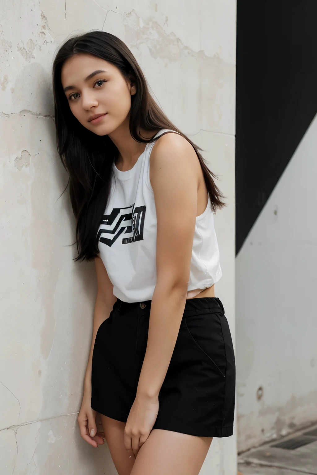 A happy, straight-haired girl with black eyes and black hair, wearing modern, photographed in front of a wall with graphics. She is standing, natural looking , and is in the age range of 18-23.