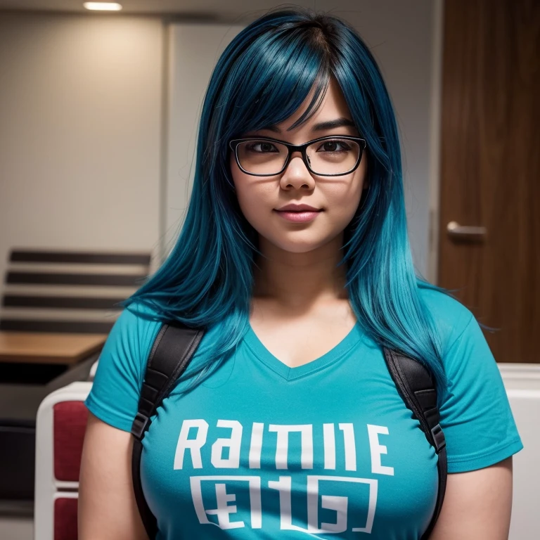 Generate images of a female character, aged 19 to 23, with a slightly overweight build, wearing rectangular glasses and a blue hair AI-related stamped shirt/top. Ensure she displays expressions of excitement, surprise, and curiosity while maintaining a relatable, youthful, tech-savvy, and approachable appearance. Capture the ideal qualities for a dynamic and engaging female narrator avatar with a body type that reflects diversity and inclusivity, chubby, in AI-related YouTube content.