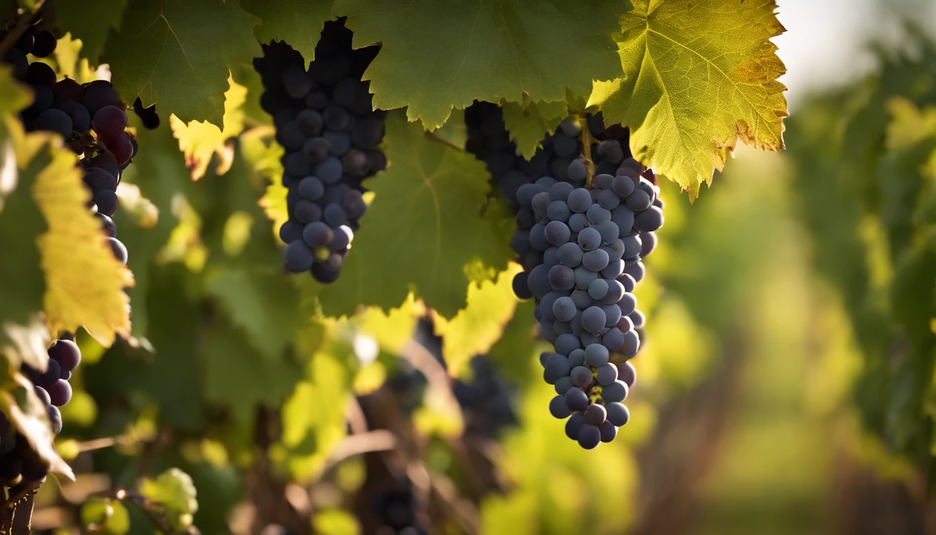 a high-resolution shot of a grapevine in a vineyard, with lush green leaves and clusters of grapes, evoking the beauty and abundance of nature’s harvest
