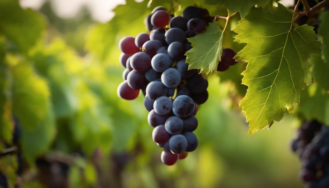 a high-resolution shot of a grapevine in a vineyard, with lush green leaves and clusters of grapes, evoking the beauty and abundance of nature’s harvest