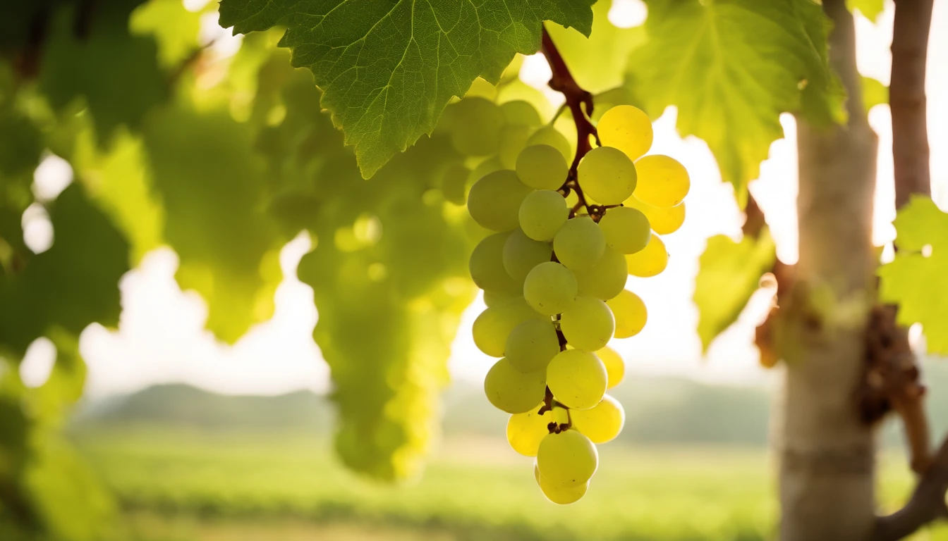 a high-resolution shot of a grapevine in a vineyard, with lush green leaves and clusters of grapes, evoking the beauty and abundance of nature’s harvest