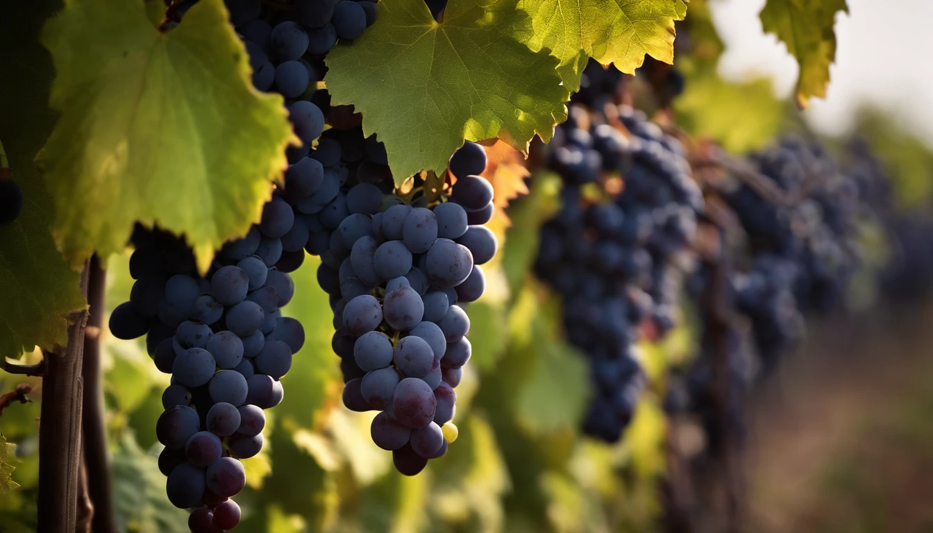 a high-resolution shot of a grapevine in a vineyard, with lush green leaves and clusters of grapes, evoking the beauty and abundance of nature’s harvest