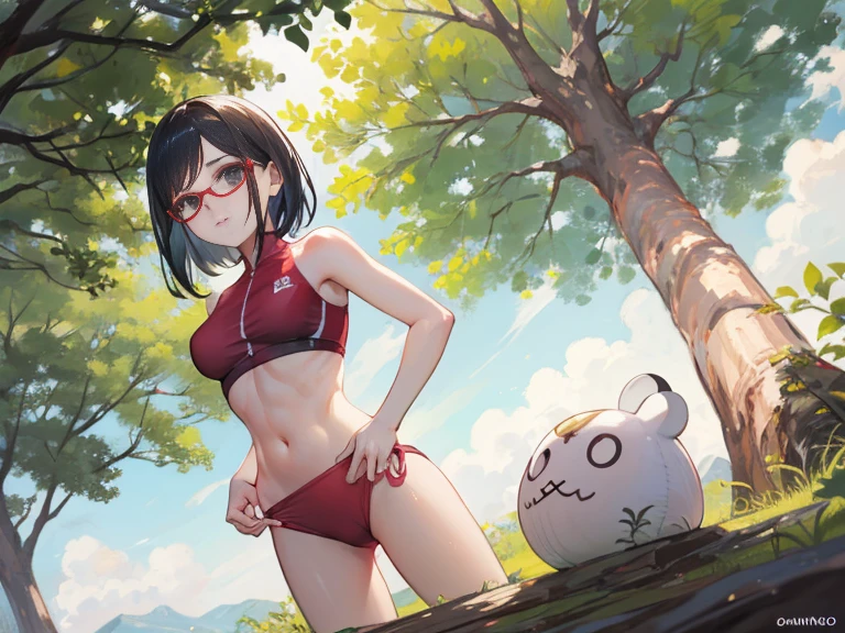 (((Sarada, pretty butt, sexy, thong swimsuit, standing, small breasts))), (Sarada Uchiha, Sozinha, cabelo curto, Angled Textured Bob) ,Eyeglasses, selva, red swimsuit, peito pequeno, ((swimsuit monokini, de lado, artistic composition, boa qualidade, alta qualidade, qualidade detalhada, best quality, Angled Textured Bob, seios pequenos)),(artistic composition, super detalhada),(olhos delicados), usando batom vermelho, cabelo preto curto,(corpo fitness, corpo atletico), pele bronzeada, red sexy swimsuit, standing under a tree. olhos detalhados. bumbum grande. de lado, marquinha de bronzeado. perspectiva lateral,(Uchiha Sarada, marquinha de bronzeado, Obra Prima)