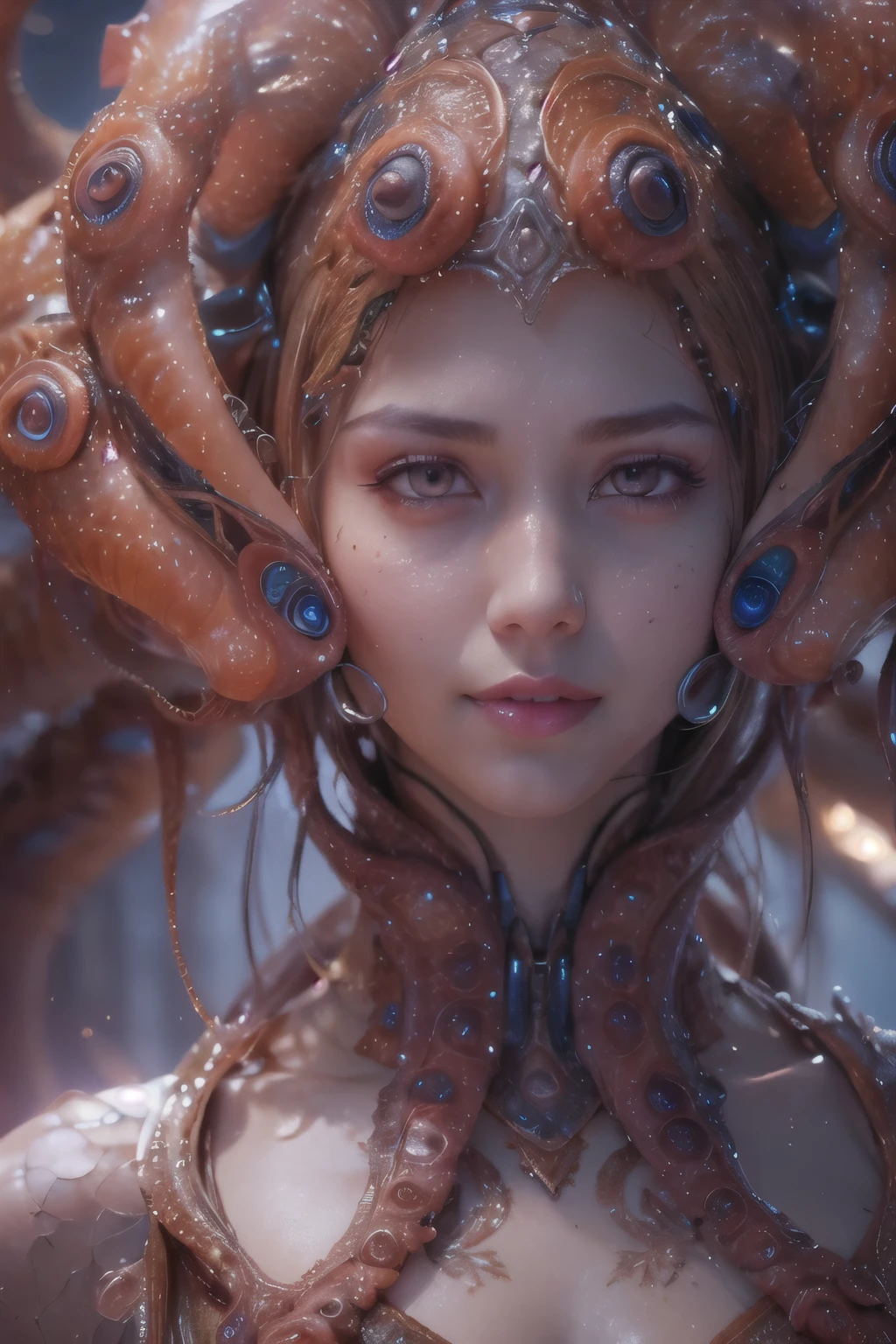 scary and sexy detailed art in color, Portrait, (beautiful and obscene female alien:1.4), (vulgarity1.5), (she has red eyes with no pupils:1.8), (Translucent skin:1.7), (There is a female genital-like organ in the middle of the forehead:1.9), (The most beautiful face in the history of the universe:1.2),an evil gaze that seduces, (large mouth:1.1), (sharp teeth like a vampire:1.2), Full body portrait, (bio luminescent:1.5), (Smile wickedly:1.3), (sexypose:1.5), alien, No humans, cells are fused, (Lots of translucent tentacles:1.3) extraterrestrial, cell, bio image, best quality, 8K,In 4K_quality, High freshness, Dramatic Lighting, masutepiece:1.5,cinematic quality, detail up, (exquisite details:1.2), high resolution, High freshness, drawing faithfully, (Thick eyebrows:1.2), Beautiful eyes with fine symmetry,(Highly detailed face and eyes:1.2), Intimate face, (Super detailed skin quality feeling:1.4), perfect anatomy, (Beautiful toned body:1.5), (Moist skin:1.2), not wearing makeup, (dark circles:1.1), long canines, cinematic drawing of characters, ultra high quality model, cinematic quality, detail up, (exquisite details:1.2), high resolution, High freshness, drawing faithfully, official art, Unity 8K Wall , 8K Portrait, best quality, Very high resolution, ultra detailed artistic photography, midnight aura, unreal engine 5, Ultra Sharp Focus, art by Amano Yoshitaka, ArtGerm, Roisch, intricate artwork, best quality, masterpiece, ultra high resolution, (photos realistic:1.4), ultra realistic realism, dream-like, nautilus, Creation of fantasy, Snail, Dream Snail, (biopunk nautilus:1.3),Thrilling color schemes, ultra realistic realism, seductively smiling, Blue tentacles,