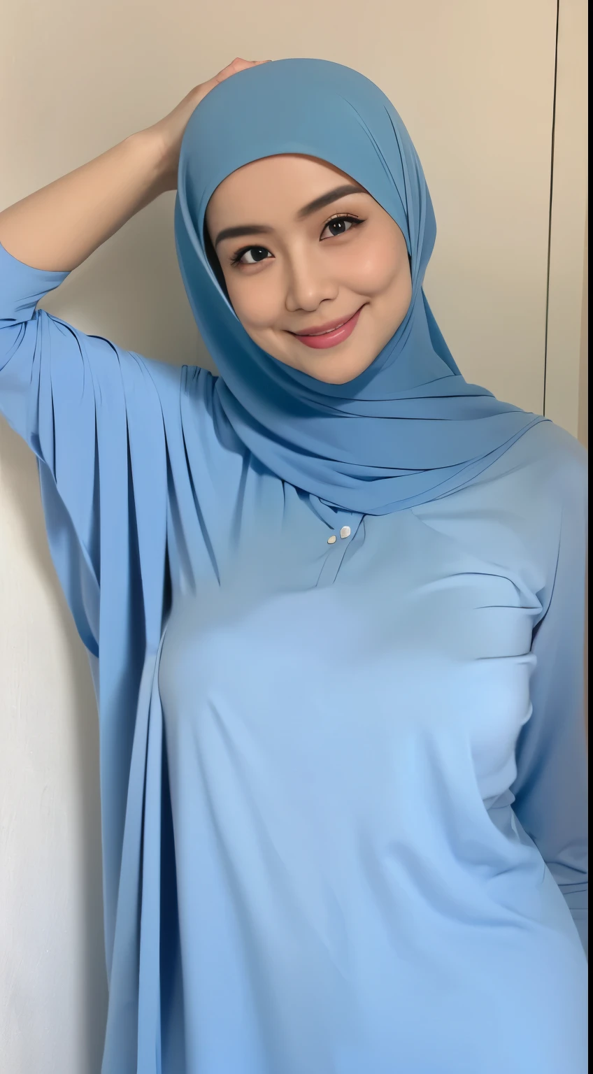 (64k, RAW photo, best quality, masterpiecel1.4), (realistic, photo-realistic:1.37), extremely detailed beautiful japanese muslim woman, extra detailed ray light, (lightinedium-breasted:1.2), ((erectnipples)), (((unbutton blue blouses revealing a flesh-colored skin))). overexposed breast, overexposed navel, overexposed erected , overexposed slim hips, ((detailed breast cleavage:1.1)), ((plump body)), (((petite))) ((photo of a japanese woman in blue hijab)), ((muslim woman in short blue hijab)), no hair visible, ((upper body shot)), thick eyebrows, ((looking at viewer)), ((in the bedroom)), [[lay on the bed]], head on the pillow, hands behind the head, spread armpit, ((smiling face)), happy face, creative upscale, shot from above