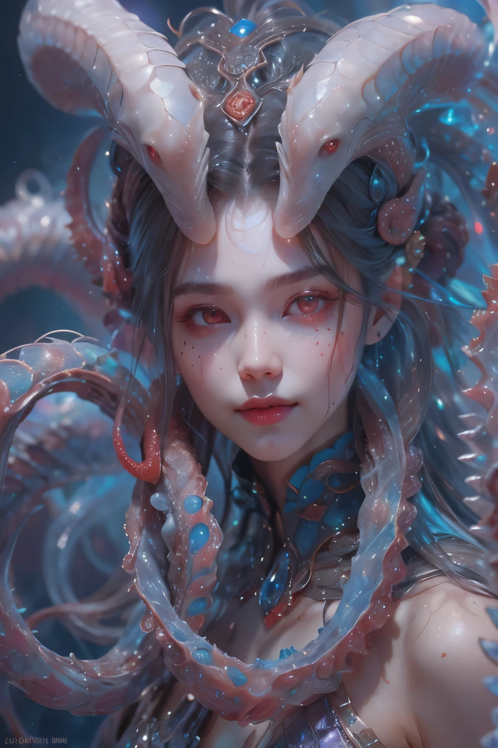 Portrait, (beautiful female alien:1.2), (she has red eyes with no pupils:1.8), (Translucent skin:1.7), (There is a female genital-like organ in the middle of the forehead:1.9), (The most beautiful face in the history of the universe:1.2),an evil gaze that seduces, (large mouth:1.1), (sharp teeth like a vampire:1.2), Full body like, (bio luminescent:1.5), (Smile wickedly:1.3), (sexypose:1.5), alien, No humans, cells are fused, (Lots of translucent tentacles:1.3) extraterrestrial, cell, bio image, Best Quality, 8K,4K_quality, High Definition, Dramatic Lighting, masutepiece:1.5,cinematic quality, detail up, (Intricate details:1.2), High resolution, High Definition, drawing faithfully, (Thick eyebrows:1.2), Beautiful eyes with fine symmetry,(Highly detailed face and eyes:1.2), Intimate face, (Super detailed skin quality feeling:1.4), Perfect Anatomy, (Beautiful toned body:1.5), (Moist skin:1.2), No makeup, (dark circles:1.1), long canines, cinematic drawing of characters, ultra high quality model, cinematic quality, detail up, (Intricate details:1.2), High resolution, High Definition, drawing faithfully, Official art, Unity 8K wall , 8K Portrait, Best Quality, Very High resolution, ultra detailed artistic photography, midnight aura, unreal enginee 5, Ultra Sharp Focus, art by alberto seveso, ArtGerm, Roisch, intricate artwork, best quality, masutepiece, ultra High resolution, (photos realistic:1.4), Ultra-realistic realism, dream-like, nautilus, Creation of fantasy, Snail, Dream Snail, biopunk nautilus, Thrilling color schemes, Ultra-realistic realism, seductively smiling, Blue tentacles,