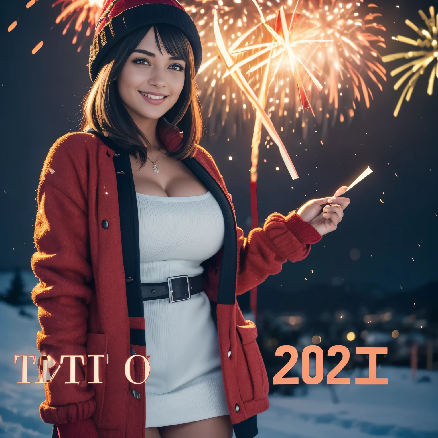 (text "2024" in flaming letters:1.5),Isabela Merced, smiling, (big breasts), bob_cut hair, cleavage, red jacket, black knee_high socks, snow, mittens, wool hat, celebrating New_Years_Eve, fireworks, norway,(skin texture:1.1) , (high detail face:1.1), high detail body, high detail clothes), (realistic), ultra high definition, 4k, ultra high resolution