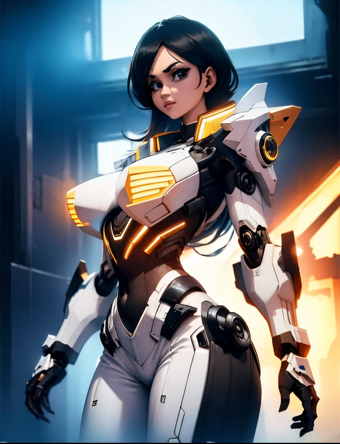 ((masterpiece, best quality)),illustration,ultra detailed 8k,photorealistic,sharp focus,highly detailed,professional lighting,colorful details,iridescent colors BREAK extreme long shot of a factory,large mechanical robot construction,microchip,computer,glowing,intricate details,shitu-mecha,1girl is standing in front of the audience,Navel
