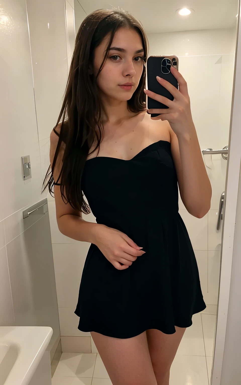 Photo of a 20 year old brunette woman, full body, that has a very natural face, thin lips, thin eyes, thin eyebrows, thin nose. She takes a cute selfie in bathroom, looking at camera in bathroom, dress for Christmas simple black dress elegant full body
