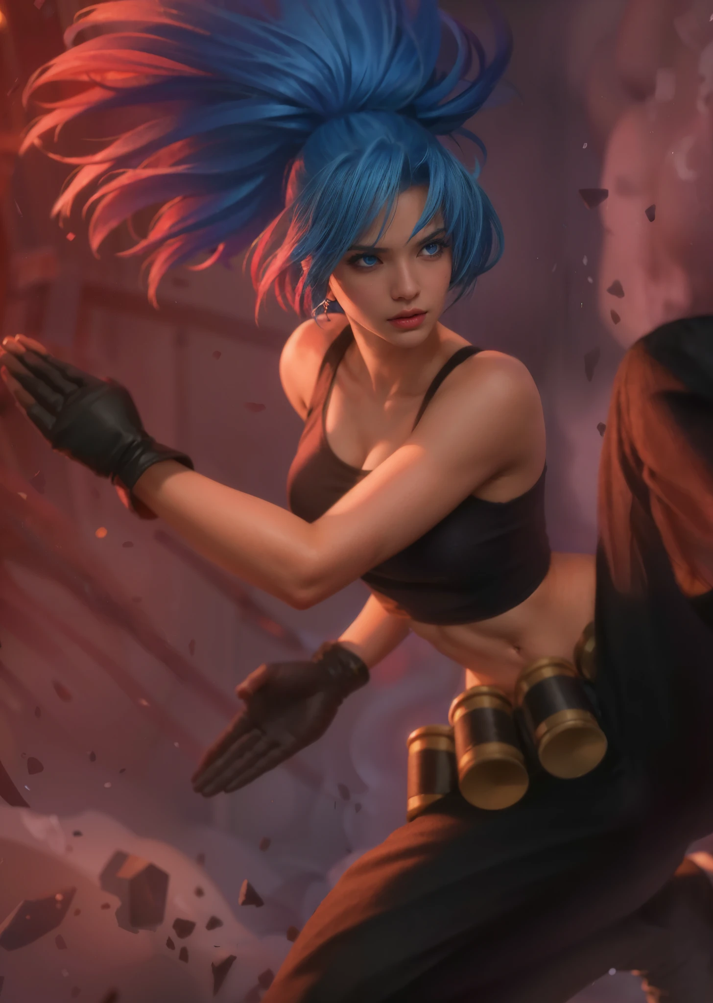 texture, hyper realistic, masterpiece, detailed texture, detailed face, detailed skin, detailed lighting, (photorealistic:1.5), best quality, beautiful lighting, cinematic lighting, professional lighting, ultra highres, realistic, detailed hair, real hair, high quality, (realskin:1.5), extremely detailed, finely detail, ultra-detailed, 1girl, solo, (blue eyes:1.5), v-shapped eyebrow, lips, closed mouth, nose, make up, pretty, beautiful, long hair, blue hair, high ponytail, large breasts, cleavage, armpit, midriff, navel, stomach, bare shoulders, sleevless, angry face, black gloves, black pants, smoke bomb, earrings, karina \(mobile legends\), depth of field, looking aways, white skin, skin tight, amazing pose, outdoors, glowing, dark view, blurry background
INFO,