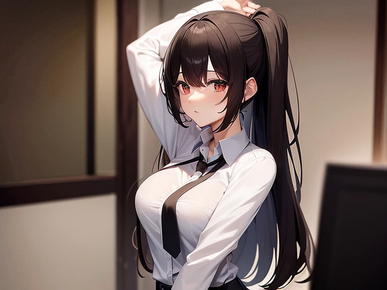 ((nsfw, masterpiece, best quality)), ((super high resolution)), (photo realistic), best shadow, (sharp sketch, illustration:1.2), high detail, very detailed, (nice hands, perfect hands), (POV, face focus:1.4), ((1girl and 1 boy)), beautiful girl, 20 years old, blue eyes, (black long hair:1.5), (normal breasts:1.1), glossy skin, ((view from above:1.5)), (very slender:1.3), (beautiful adolt face:1.3), famous idol, thin lips, detailed facial features, facial and skin texture, Crisp focus, perfect beautiful body and face, pink small nipple, beautiful face, perfectly in focus, long bangs, underhair, (in the office:1.3), all body, (happy:1.4), (sweat:1.5), ((woman on top:1.5)), ((penis)), ((vaginal)), ((sex:1.5)), (white blouse and black skirt:1.5), (cum in pussy:1.5), skirt lift, (black kneesocks:1.2), open mouth, (fellatio gesture:1.5), (show off nipple:1.4), (skirt lift:1.4), summer, office lady, (tongue out:1.2), (drool:1.4), computers, books, files, ((look up))