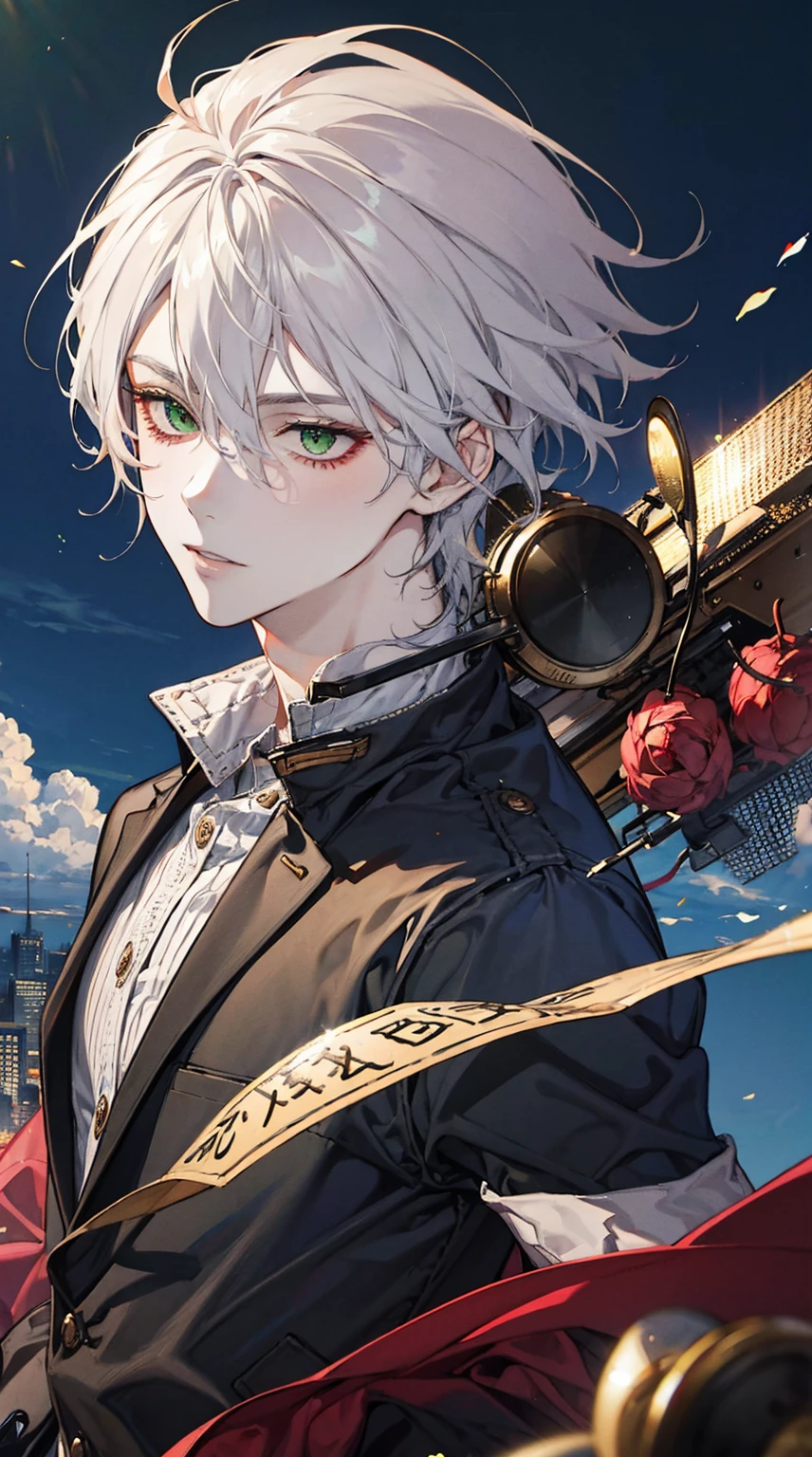 ung man, short gray hair, heterochromia(red eyes, green eyes),solo, male photo, Happy new year,postcard, best quality, masterpiece, ultra-detailed