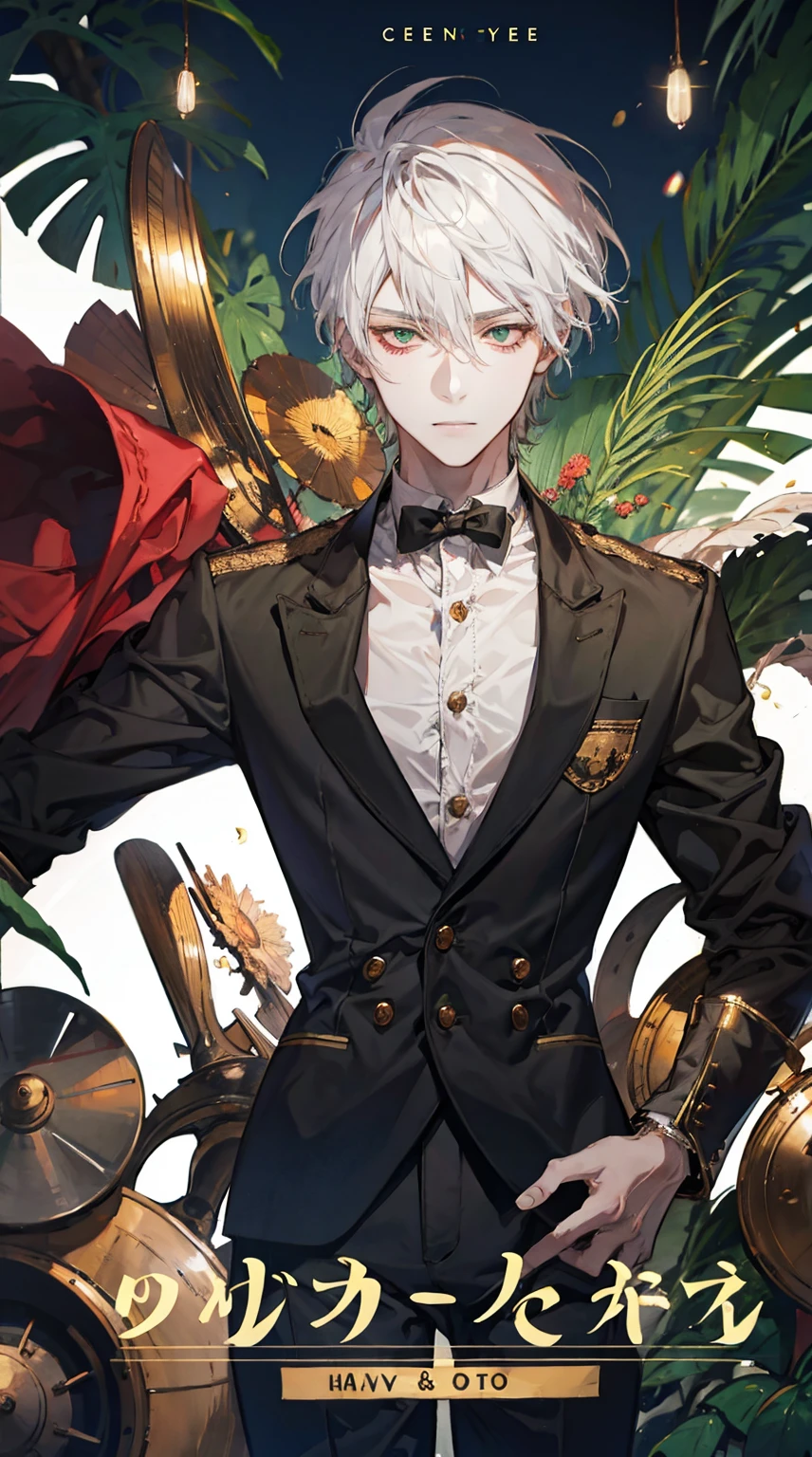 ung man, short gray hair, heterochromia(red eyes, green eyes),solo, male photo, Happy new year,postcard, best quality, masterpiece, ultra-detailed