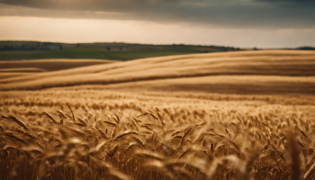 a wide-angle shot of a vast wheat field, showcasing the golden waves of grain as they sway in the wind