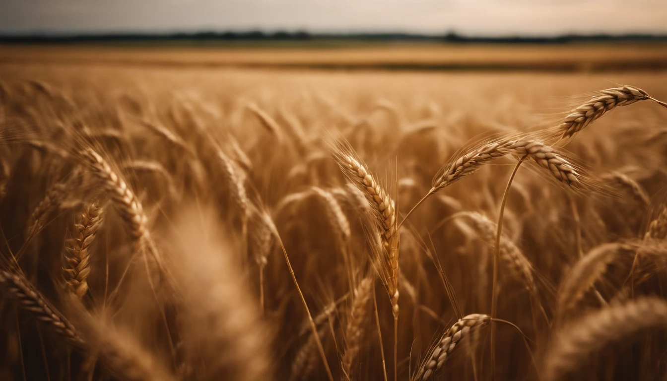 a wide-angle shot of a vast wheat field, showcasing the golden waves of grain as they sway in the wind