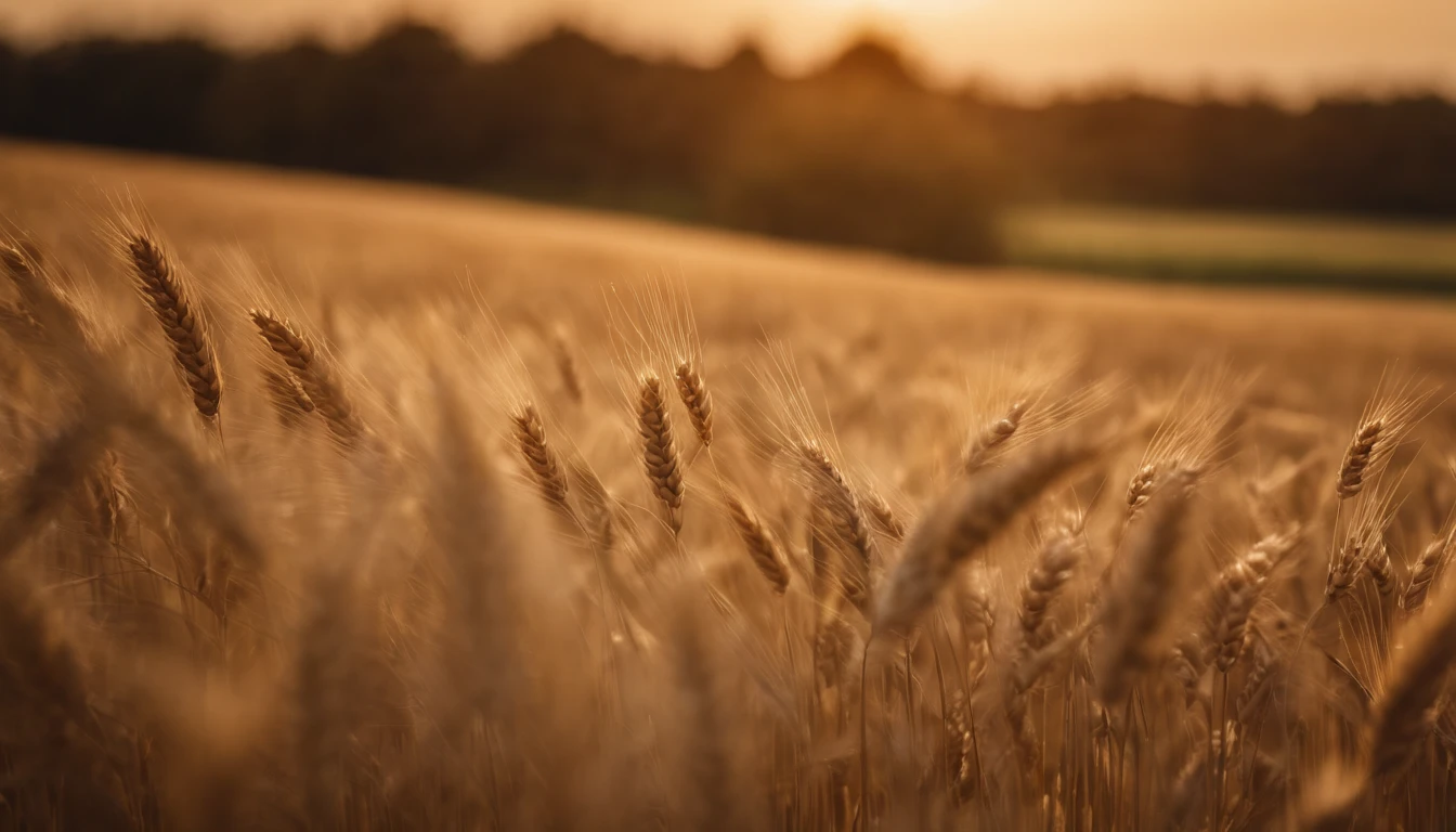 a wide-angle shot of a vast wheat field, showcasing the golden waves of grain as they sway in the wind