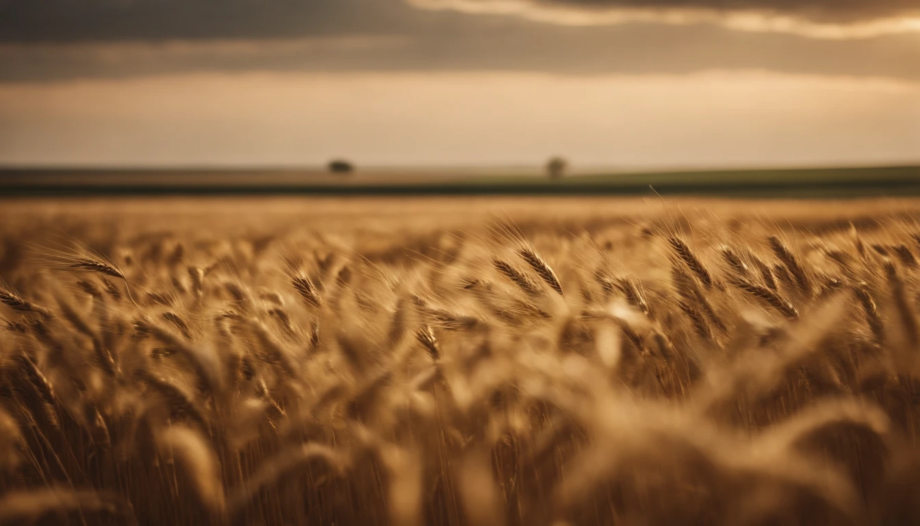 a wide-angle shot of a vast wheat field, showcasing the golden waves of grain as they sway in the wind