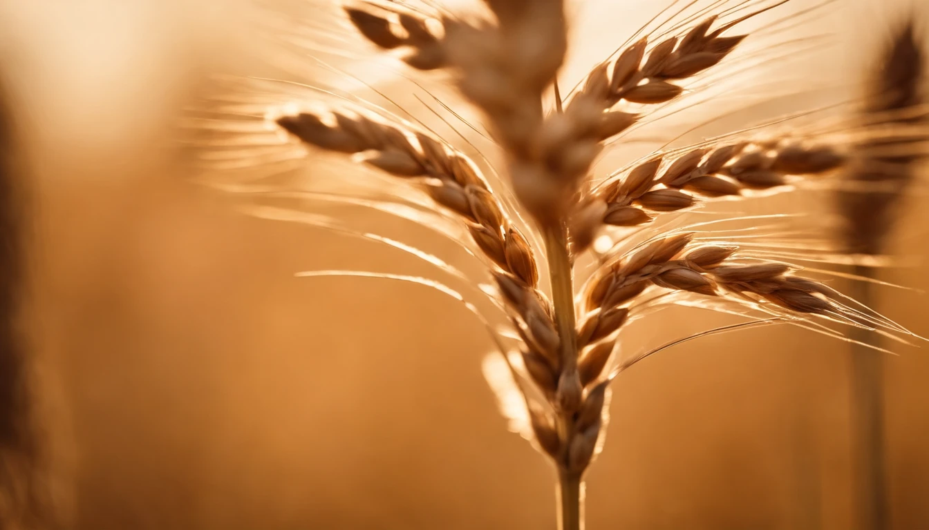 a close-up shot of a single wheat stalk, highlighting the intricate details of the seed head, the texture of the husk, and the warm tones of the grain