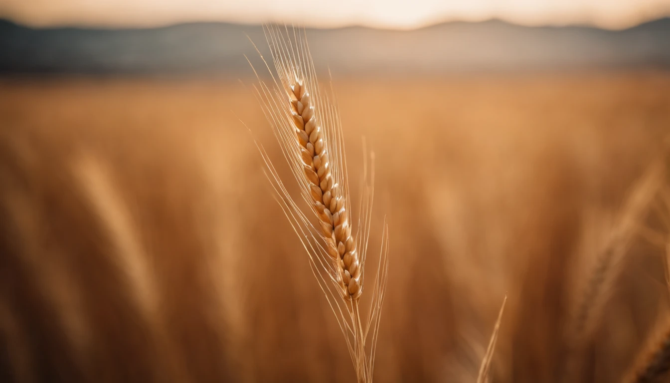 a close-up shot of a single wheat stalk, highlighting the intricate details of the seed head, the texture of the husk, and the warm tones of the grain