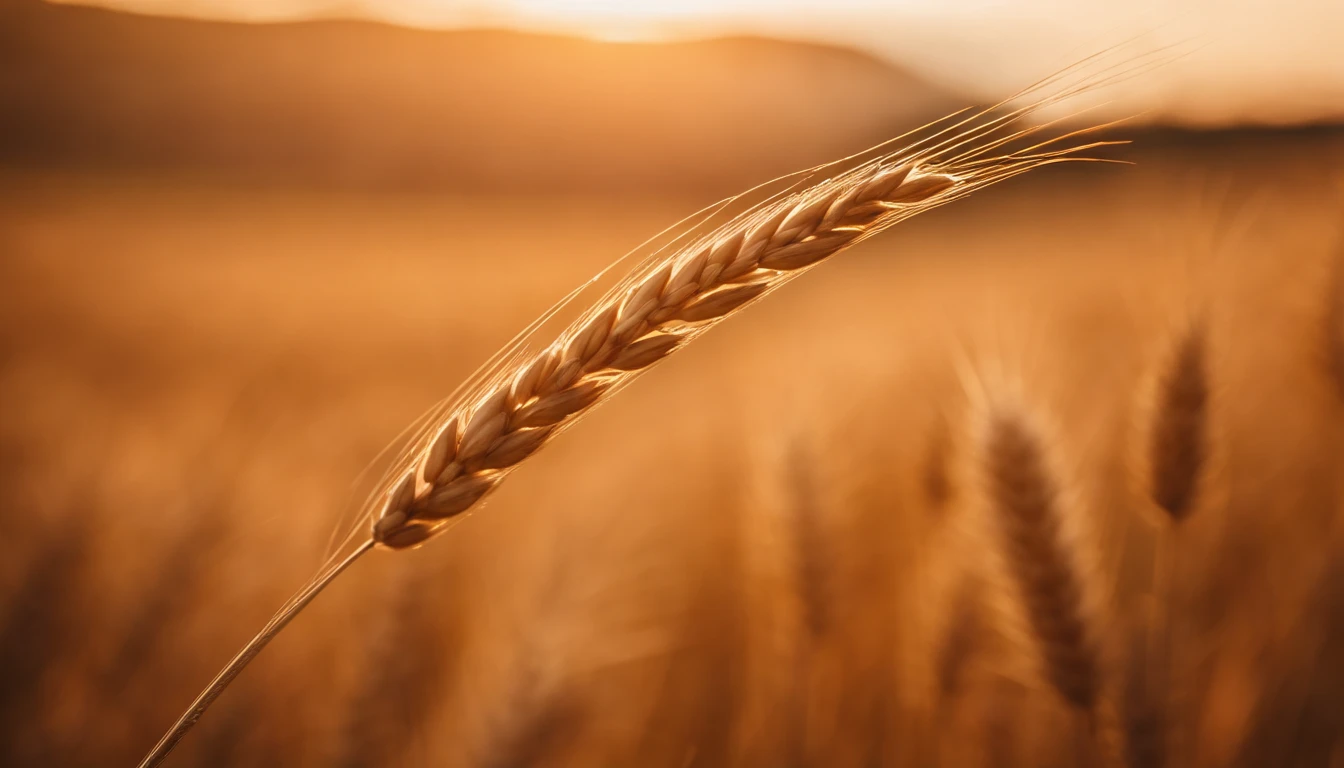 a close-up shot of a single wheat stalk, highlighting the intricate details of the seed head, the texture of the husk, and the warm tones of the grain