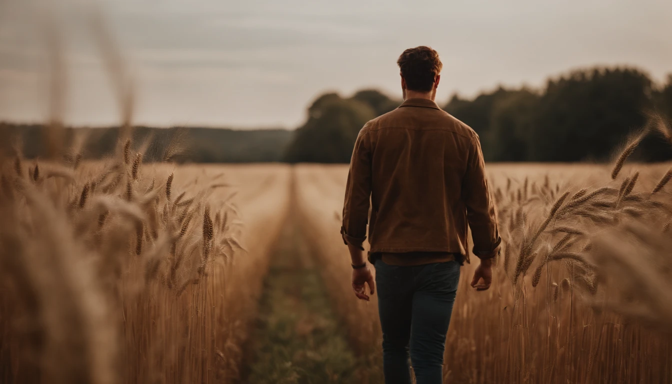 a lifestyle shot of a person walking through a wheat field, surrounded by the tall stalks, capturing the sense of being immersed in the beauty of nature