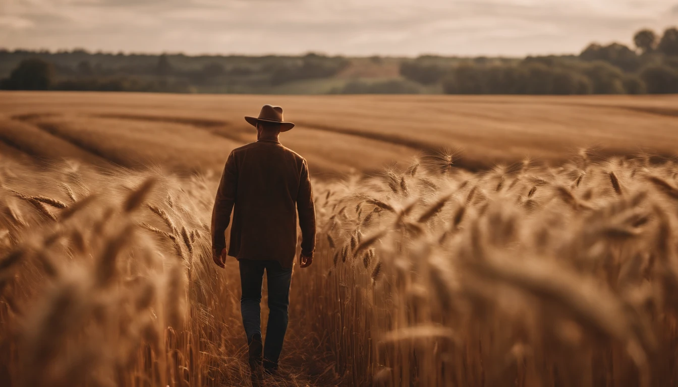 a lifestyle shot of a person walking through a wheat field, surrounded by the tall stalks, capturing the sense of being immersed in the beauty of nature