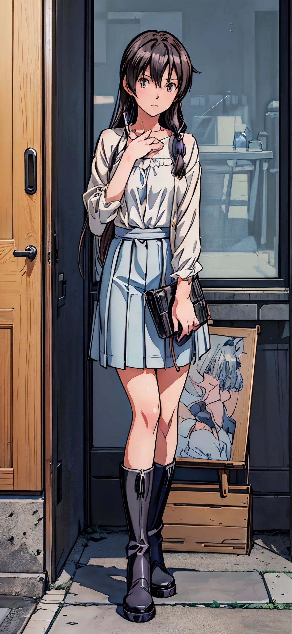 (Best Quality,4K,8K,hight resolution,masutepiece:1.2), Ultra-detailed, (Realistic,photoRealistic,photo-Realistic:1.37), Dark Beautiful Girl, ((disconcerted,hand on chest)),Gray hair color,((Long hair)), ((Hair above the left eye)),((Light blue blouse)),long  skirt,boots,Beautiful detailed eyes, Beautiful detailed lips, extremely detailed eye and face, long eyelashes, Realistic anime 3D style, Smooth Anime CG Art, Digital rendering by Makoto Shinkai, Moe Anime Art Style, photoRealistic rendering of an anime girl, Shinkai Makoto style, Cute anime girl visuals, Realistic young anime girl, girl fan art, Created by Anime Artist&#39;studio of.