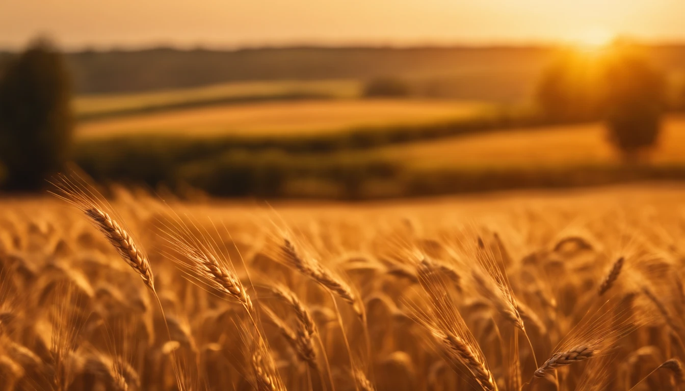 a high-resolution shot of the sunlight filtering through the wheat field, illuminating the golden hues and creating a warm and inviting atmosphere